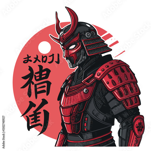 Create a bold, vector illustration of a samurai warrior, emphasizing dynamic lines and strong shapes.  Include detailed armor and weaponry.
