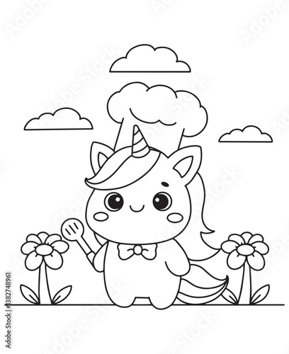 Coloring book unicorn chef wearing a chef's hat and bow tie, holding a spoon, standing between flowers under a cloudy sky. Fun line art for coloring
