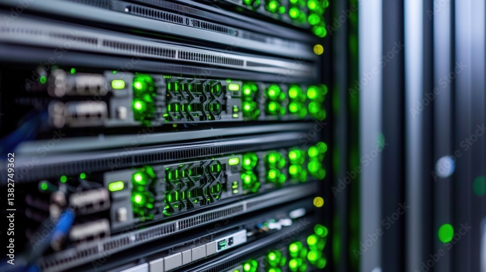 A server rack with glowing green secure nodes, in a high-tech data center A server rack with glowing green secure nodes, in a high-tech data center