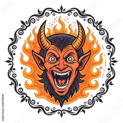Design a vector illustration of a screaming demon head, featuring bold, thick black strokes and high contrast.  Focus on impactful, stylized form.