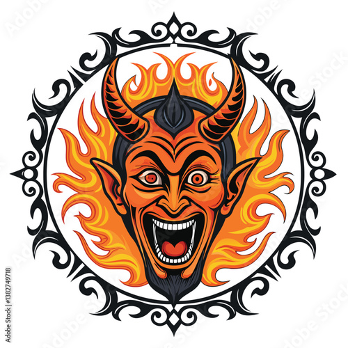 Design a vector illustration of a screaming demon head featuring bold, thick strokes and high contrast.  Focus on impactful visuals.