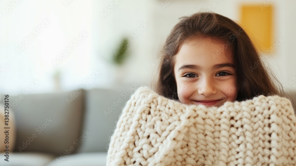 Smiling young caucasian girl wrapped in cozy knitted blanket at home Smiling young caucasian girl wrapped in cozy knitted blanket at home