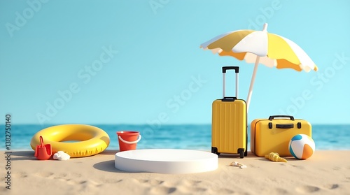 Wallpaper Mural Summer beach vacation scene with display podium 3rd vibrant summer beach setup with a bright yellow suitcase, a matching umbrella, an inflatable ring, a red bucket and shovel, and seashells Torontodigital.ca