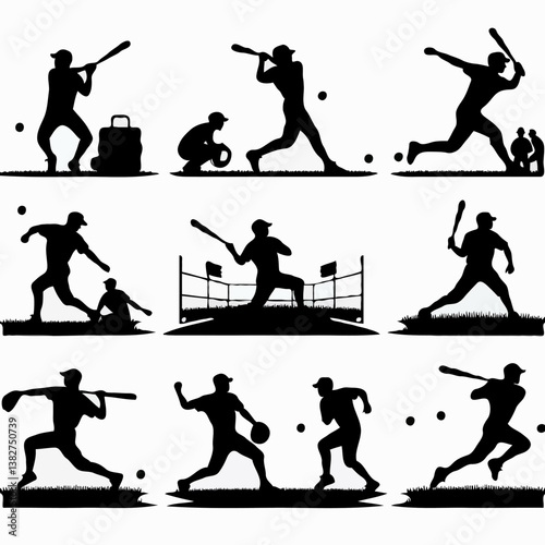 Baseball Player Silhouette in Action: Batting, Pitching & Catching in Summer Sports Competition