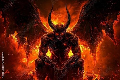 The fiery realm of hell is home to a colossal demon featuring pronounced horns and impressive wings.