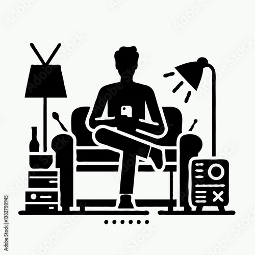 Modern Minimalist Home Interior: Vector Illustration of a Cozy Living Room with Relaxed Individual using Mobile Technology