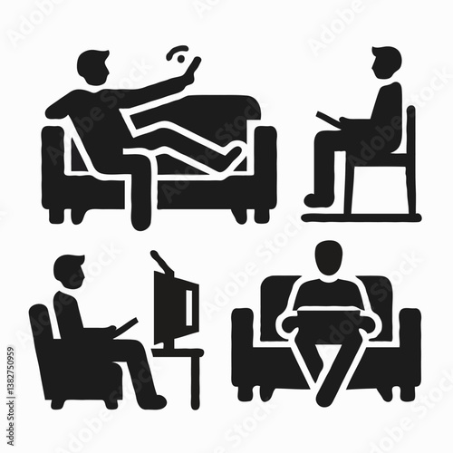 Home Comfort and Relaxation: Modern Lifestyle Silhouette Art with Technology and Leisure Icons