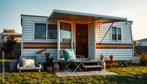 High-quality photos of well-designed and neatly arranged mobile homes: perfect HD content for professional websites, catalogs, social media, or tourism and hospitality projects.