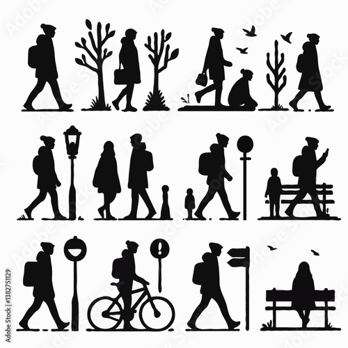 Urban Life Silhouette: People Walking and Enjoying Outdoor Activities in a Lively City Park