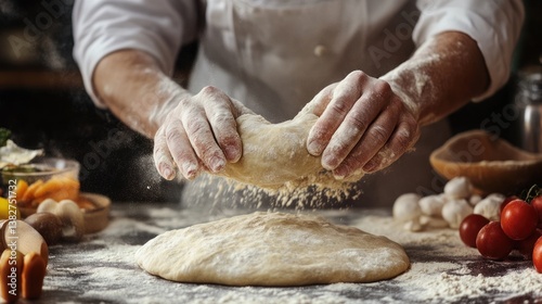 Stretching Fresh Dough for Homemade Pizza Preparation in Kitchen