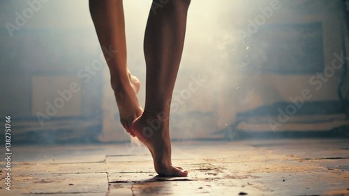 Close-up photograph of a person's feet standing barefoot on a wooden floor with one foot lifted, showcasing the sole and toes. Artistic, capturing texture and minimalist design.