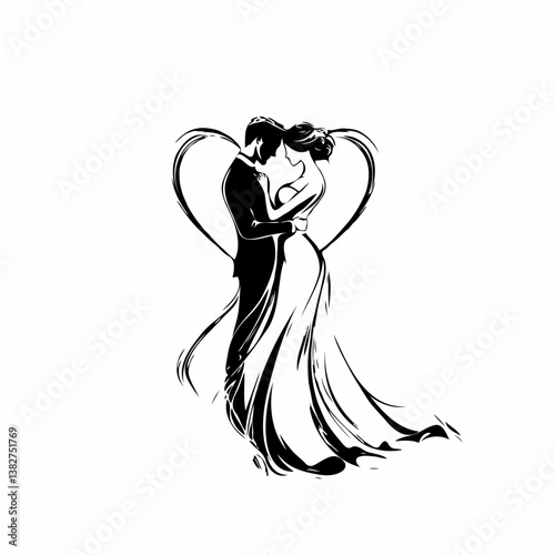 Minimalist Stylized Bride and Groom with Heart in Black Background