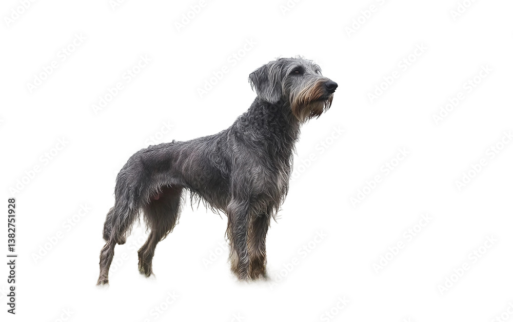An Irish Wolfhound standing proudly with a majestic posture in a meadow isolated on white background PNG An Irish Wolfhound standing proudly with a majestic posture in a meadow isolated on white background PNG