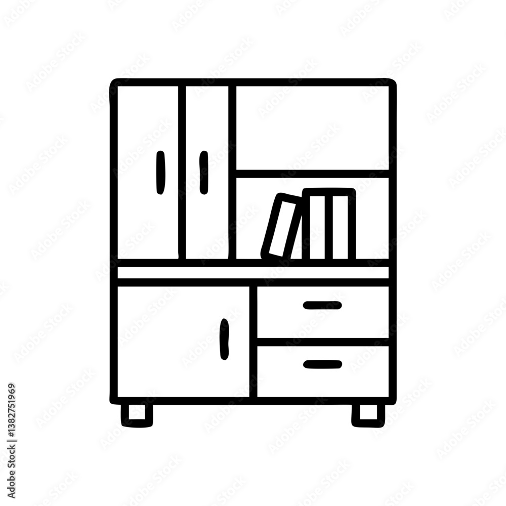 bookshelf with cabinet vector icon, simple black outline line icon of bookshelf with cabinet, furniture vector line art icon bookshelf with cabinet vector icon, simple black outline line icon of bookshelf with cabinet, furniture vector line art icon