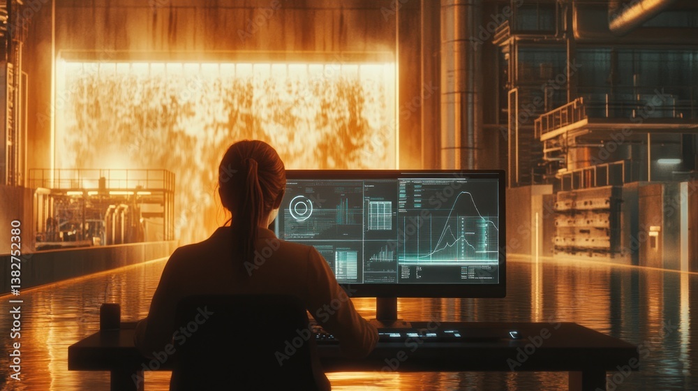 Woman Analyzing Data Charts on Computer in Industrial Environment