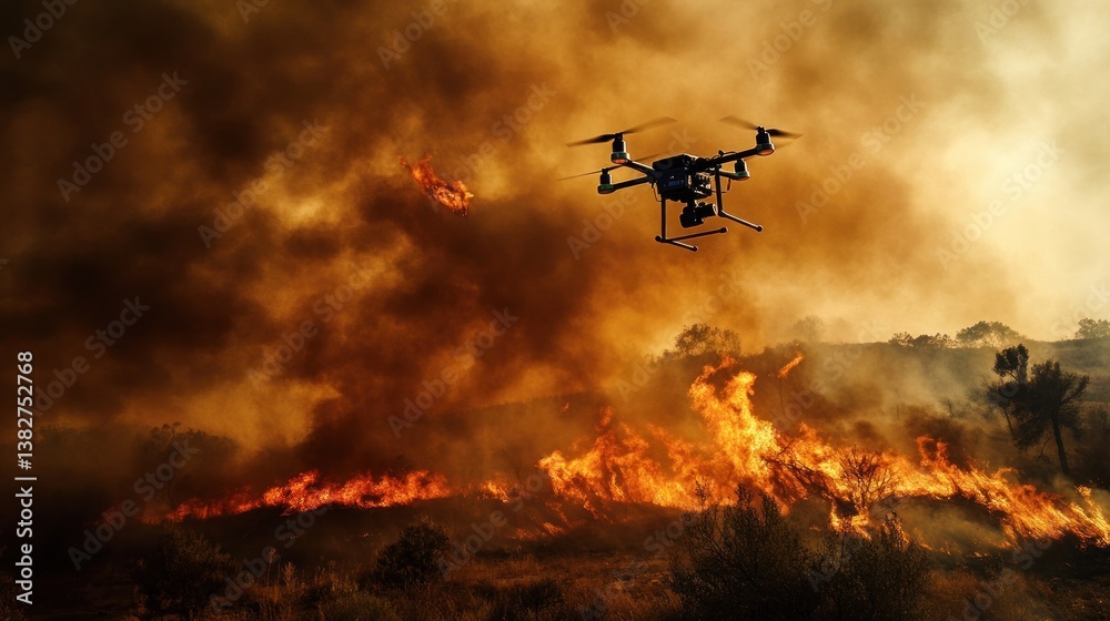 Drone Flying Over Wildfire Burning in Field with Thick Smoke