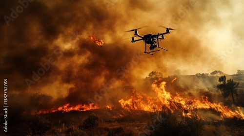Obraz na płótnie Drone Flying Over Wildfire Burning in Field with Thick Smoke w salonie