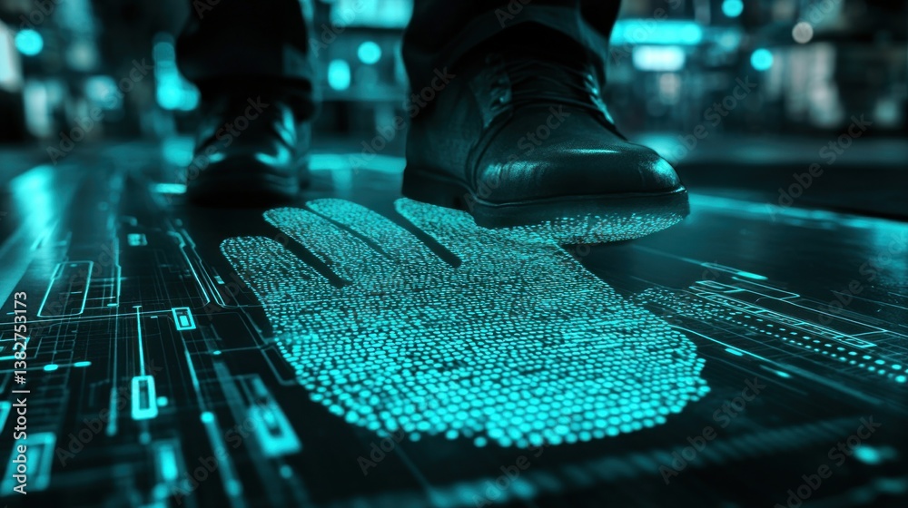 Person Walking on a Digital Handprint with Technology Overlay