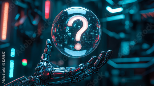 A robot hand holds a glowing question mark. The concept symbolizes curiosity, artificial intelligence, and the quest for answers in the digital age. Generative AI.