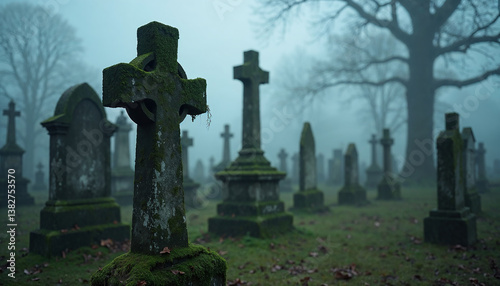 Spooky graveyard with moss-covered headstones in fog  