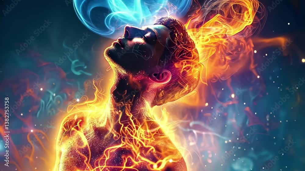 A figure stands gracefully as flames and cosmic elements envelop them, illustrating transformation and vitality in a mesmerizing display of light and color.