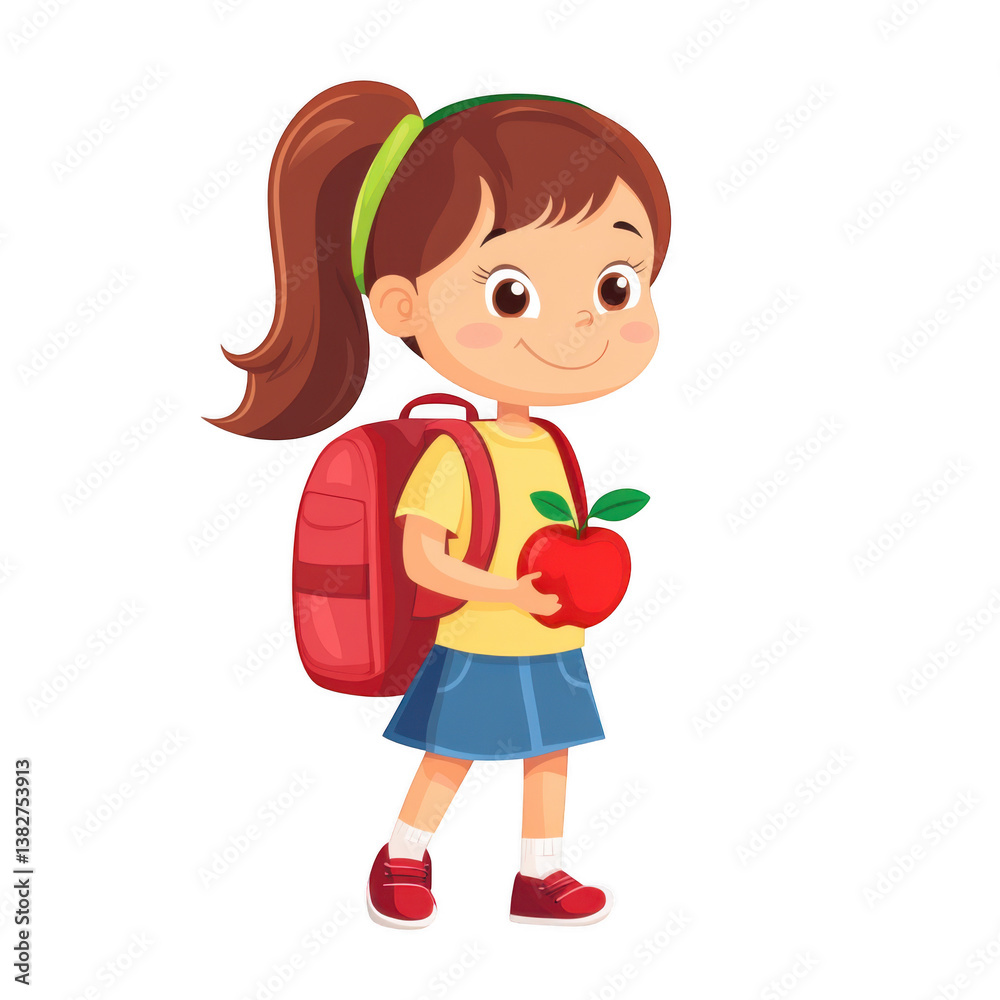 Illustrated schoolgirl with backpack holding an apple on a transparent background smiling cheerfully Illustrated schoolgirl with backpack holding an apple on a transparent background smiling cheerfully