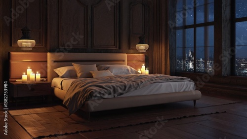 A serene and elegantly designed bedroom at night, featuring a comfortable bed with candlelight ambiance, wooden flooring, and an urban cityscape view from the window.
