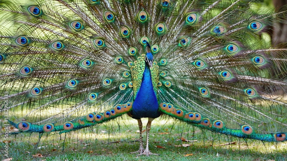 Obraz premium A peacock showing off its full display of feathers. Vivid and colorful, it is a natural spectacle that symbolizes beauty, opulence, and pride.