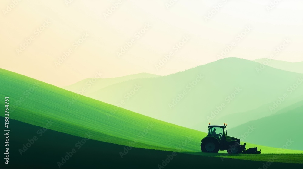 Fototapeta premium Silhouette tractor on rolling green hills with misty mountains at dawn