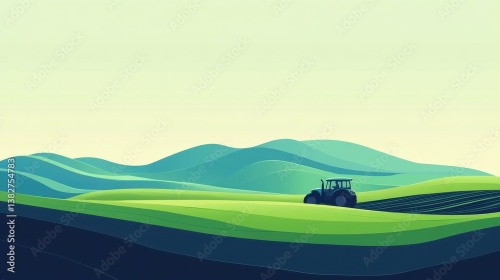 Fototapeta premium Tractor on rolling green hills under soft sky