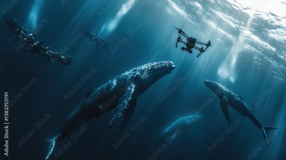 Whale Watching with Drone in Underwater Scene with Sun Rays