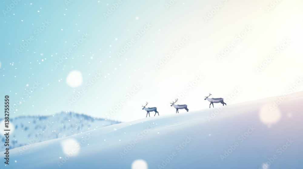 Fototapeta premium Reindeer trio on snowy hill under soft winter light