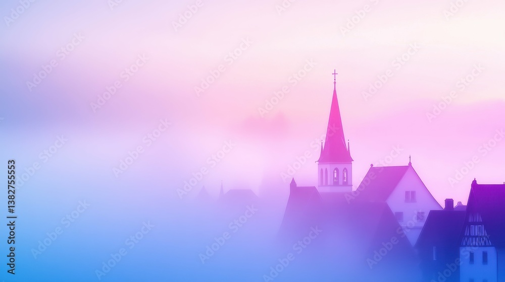 Fototapeta premium Mystical church spire emerging through dreamy mist at sunrise