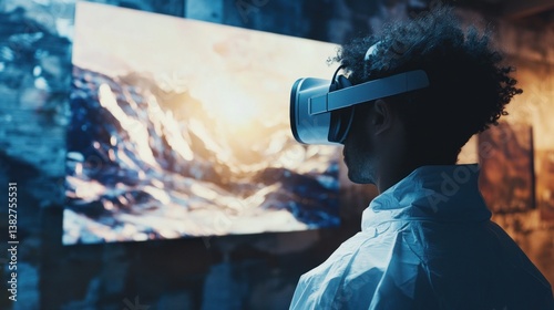 Obraz na płótnie Man Experiencing Virtual Reality Headset Immersive Ocean Landscape Scene w salonie