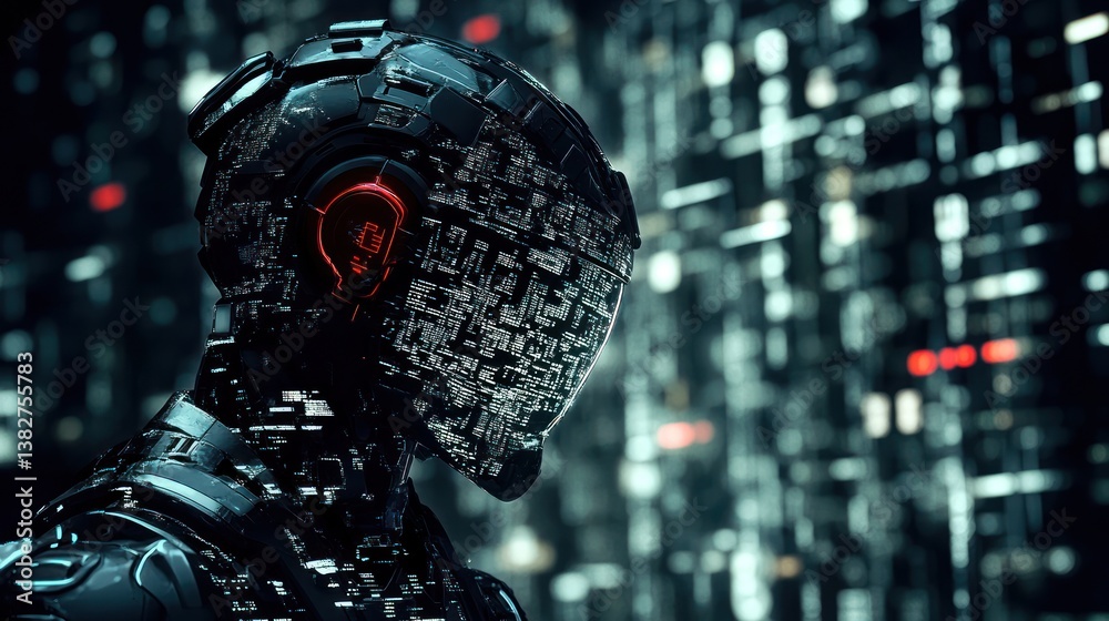 Futuristic Robot Standing in Digital Cityscape with Glowing Red Accents