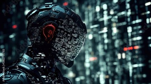 Obraz na płótnie Futuristic Robot Standing in Digital Cityscape with Glowing Red Accents w salonie