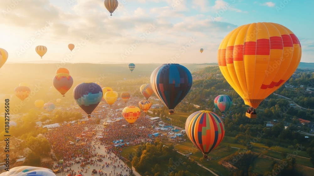 Colorful Hot Air Balloons Soaring Over a Crowd at Early Morning