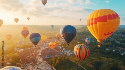 Obraz na płótnie Colorful Hot Air Balloons Soaring Over a Crowd at Early Morning w salonie