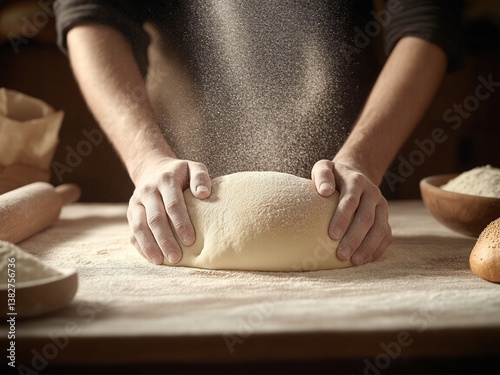 Baker hands press dough on floured table in bakery kitchen flour dusting