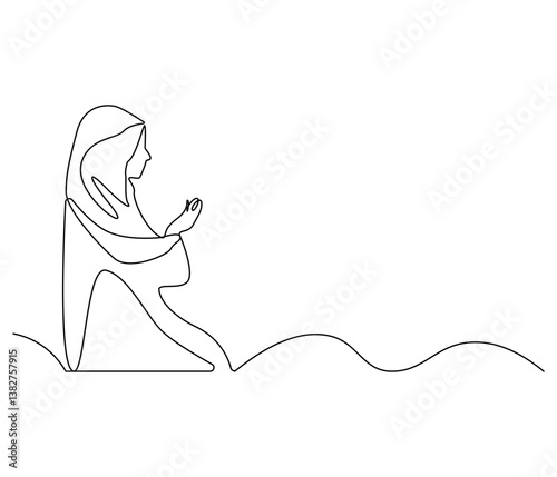 Continuous one line drawing of women muslim prayer. Single line drawing illustration of women praying for greeting card. Ramadan kareem concept vector art. Doodle line illustration.