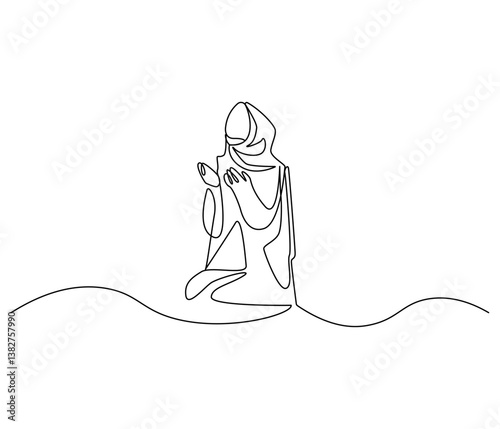 Continuous one line drawing of women muslim prayer. Single line drawing illustration of women praying for greeting card. Ramadan kareem concept vector art. Doodle line illustration.