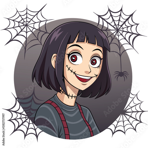 Create a vector illustration of a sinister anime woman with bold, impactful strokes.  Emphasis on sharp lines and dark color palette.