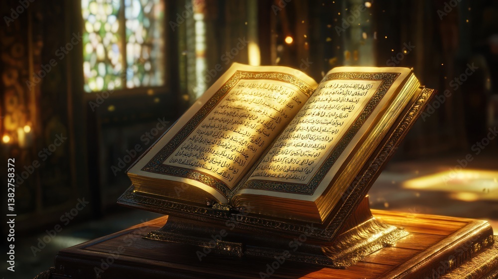 Open Book on Wooden Stand with Intricate Details and Warm Lighting