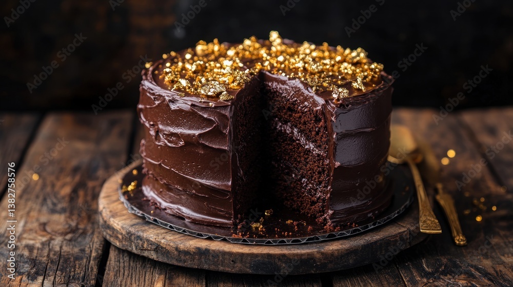 Cutting Chocolate Cake with Gold Flakes on Rustic Wooden Surface