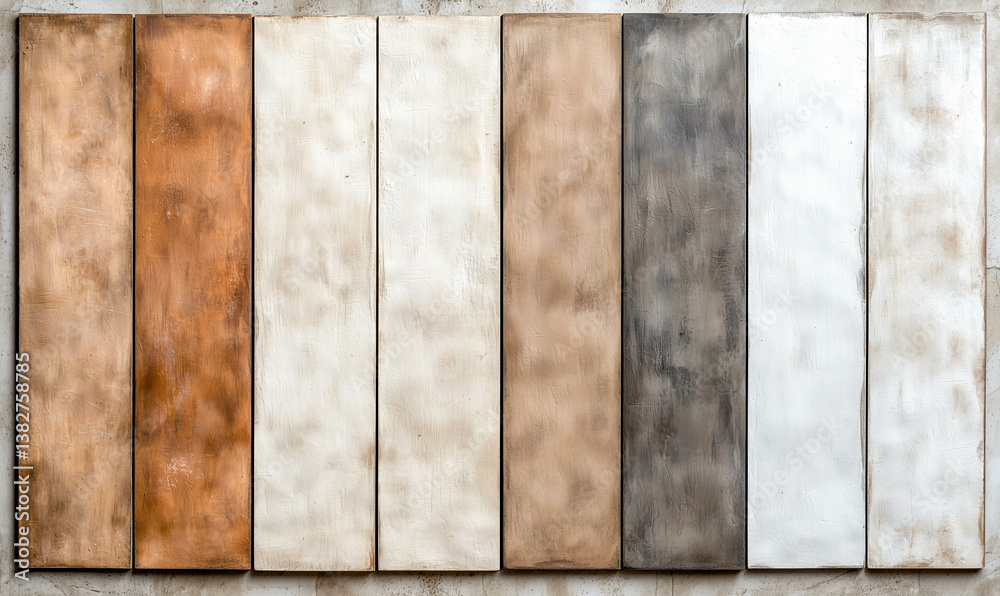 Fototapeta premium Elegant Palette of Textures: An artful array of textured rectangular tiles arranged in a row, showcasing a sophisticated blend of earthy tones and subtle shades, adding a touch of elegance and charm.