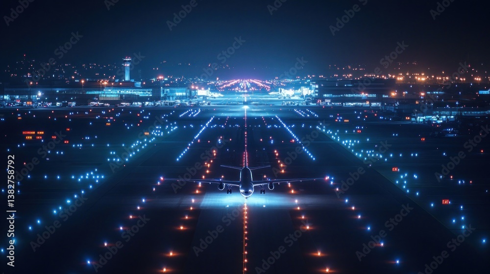 Airplane Landing on Runway at Night with City Lights Glowing