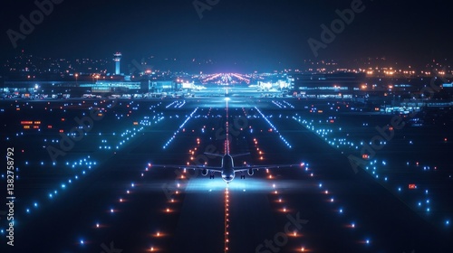 Obraz na płótnie Airplane Landing on Runway at Night with City Lights Glowing w salonie