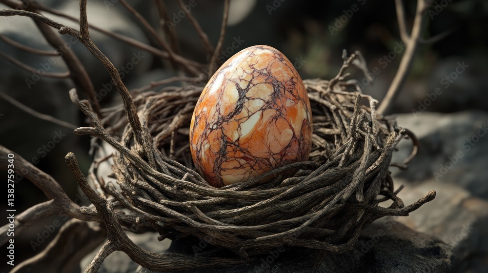 Egg in Nest with Intricate Shell Pattern and Natural Setting