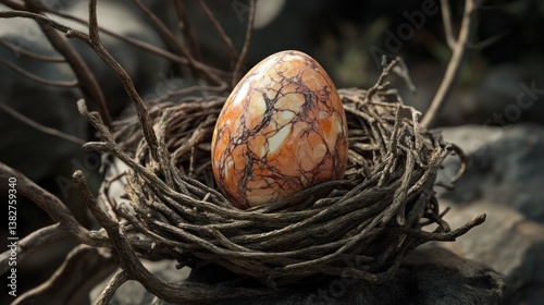 Egg in Nest with Intricate Shell Pattern and Natural Setting