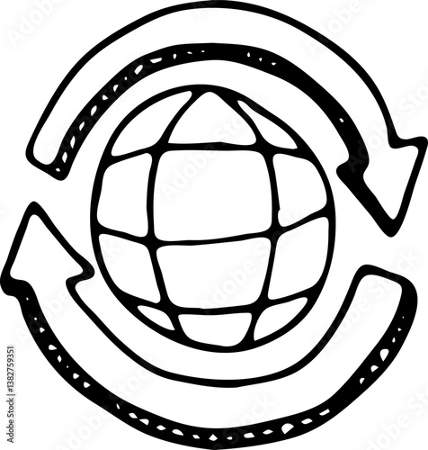 Hand drawn globe and arrows internet doodle icon. Hand drawn black sketch. Sign symbol. Decoration element. White background. Isolated. Flat design. Vector illustration